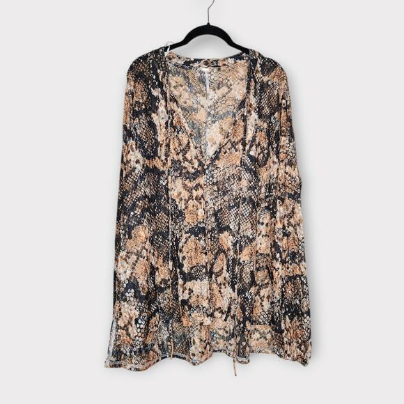 Free People Womens Out For The Night Snake Print Blouse M Semi-Sheer Boho - Picture 2 of 8